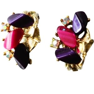 Vintage Pink and Purple Lucite Clip Earring Gold Tone
